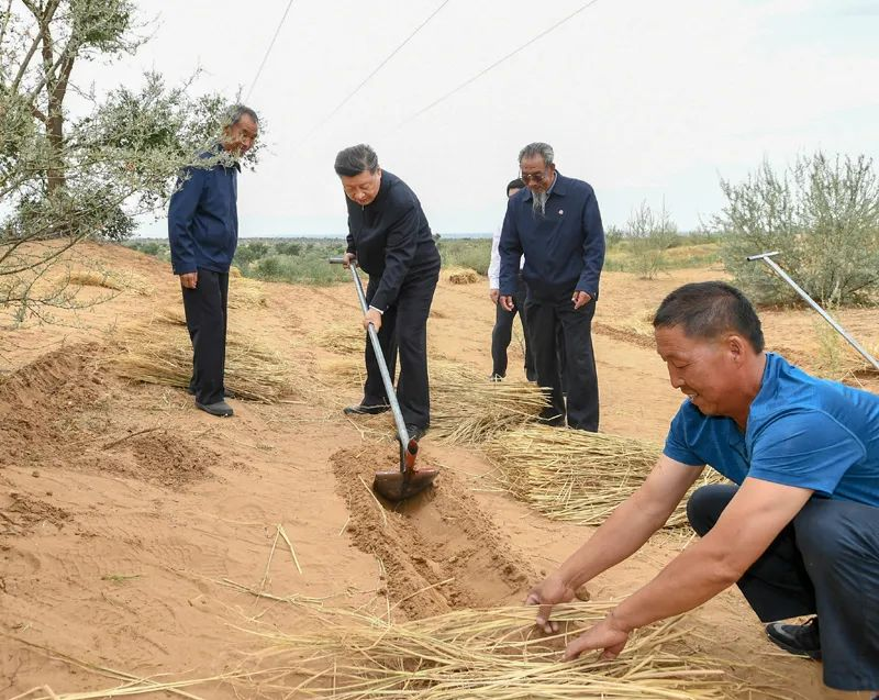 2019年8月21日，習(xí)近平來(lái)到甘肅省武威市古浪縣八步沙林場(chǎng)，實(shí)地察看當(dāng)?shù)刂紊吃炝?、生態(tài)保護(hù)等情況。新華社記者 謝環(huán)馳 攝